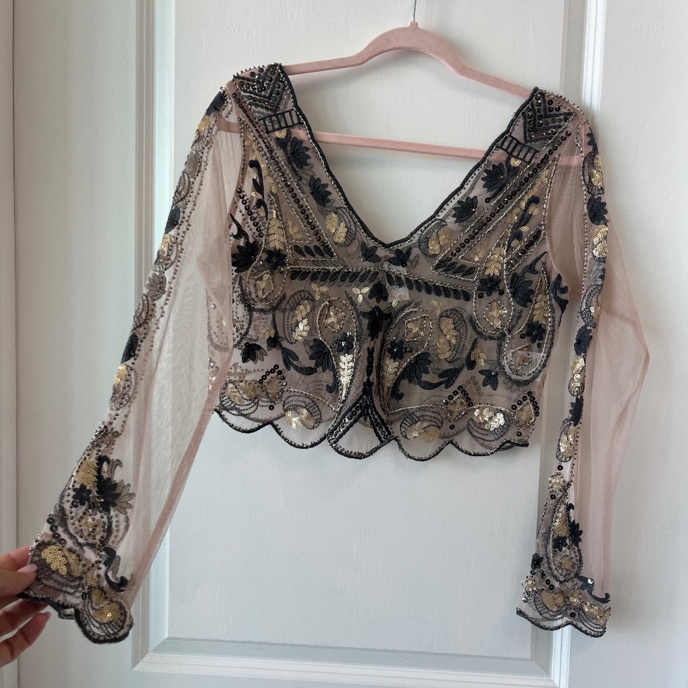 Embellished Sheer Black & Gold V-Neck Crop Blouse